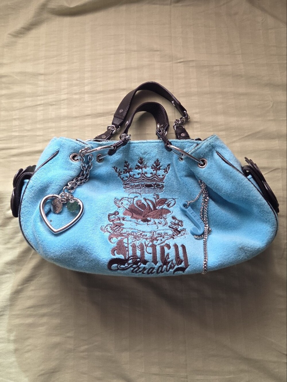 Juicy Couture Aqua Blue Suede Embroidered Shoulder Bag